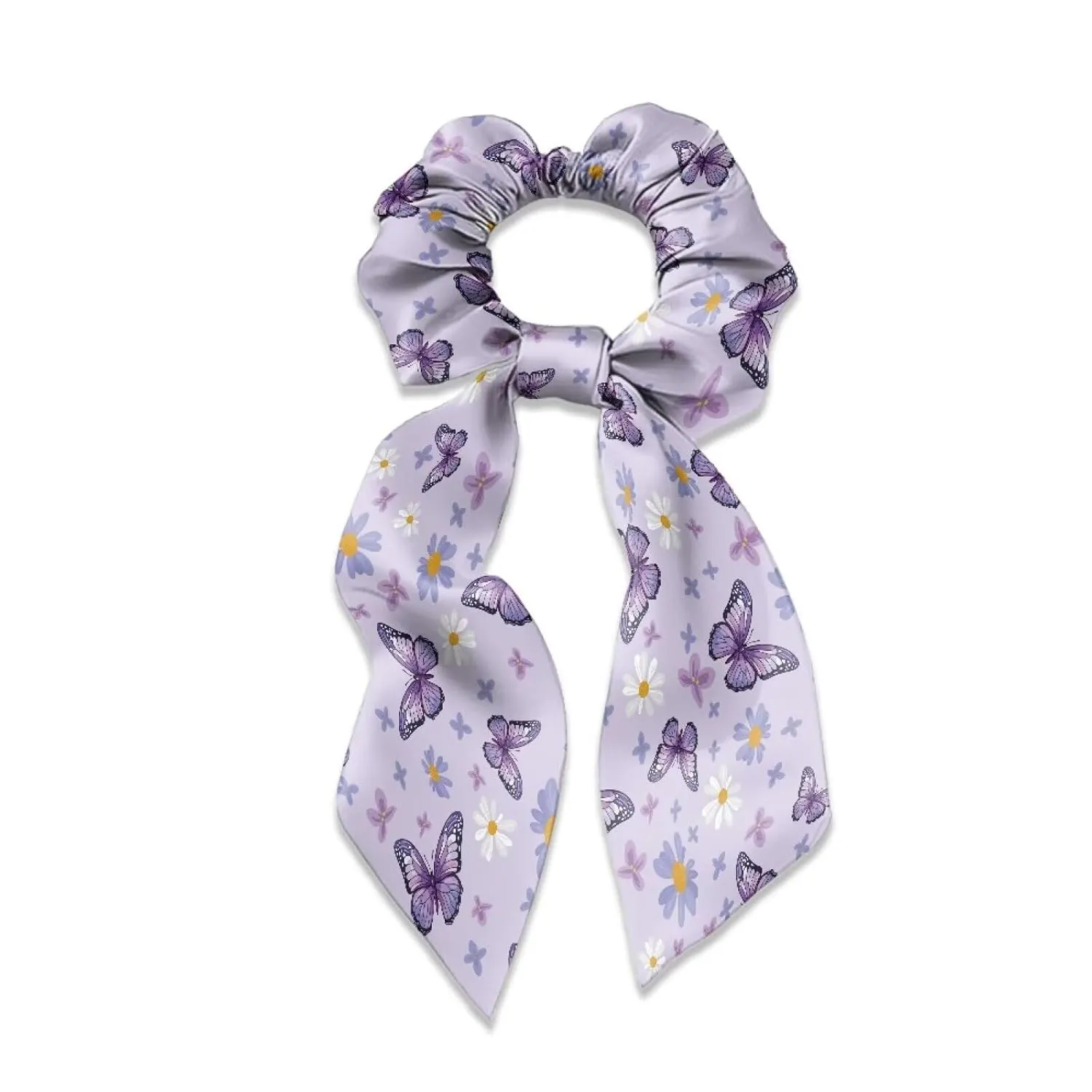 Purple Butterfly Satin Scrunchies Set of 2 Bow Hair Ties with Long Tails Fashion Hair Ribbons for Women for Party Hair Accessories Knotted Hair Bow for Thick Thin Hair Curly Hair
