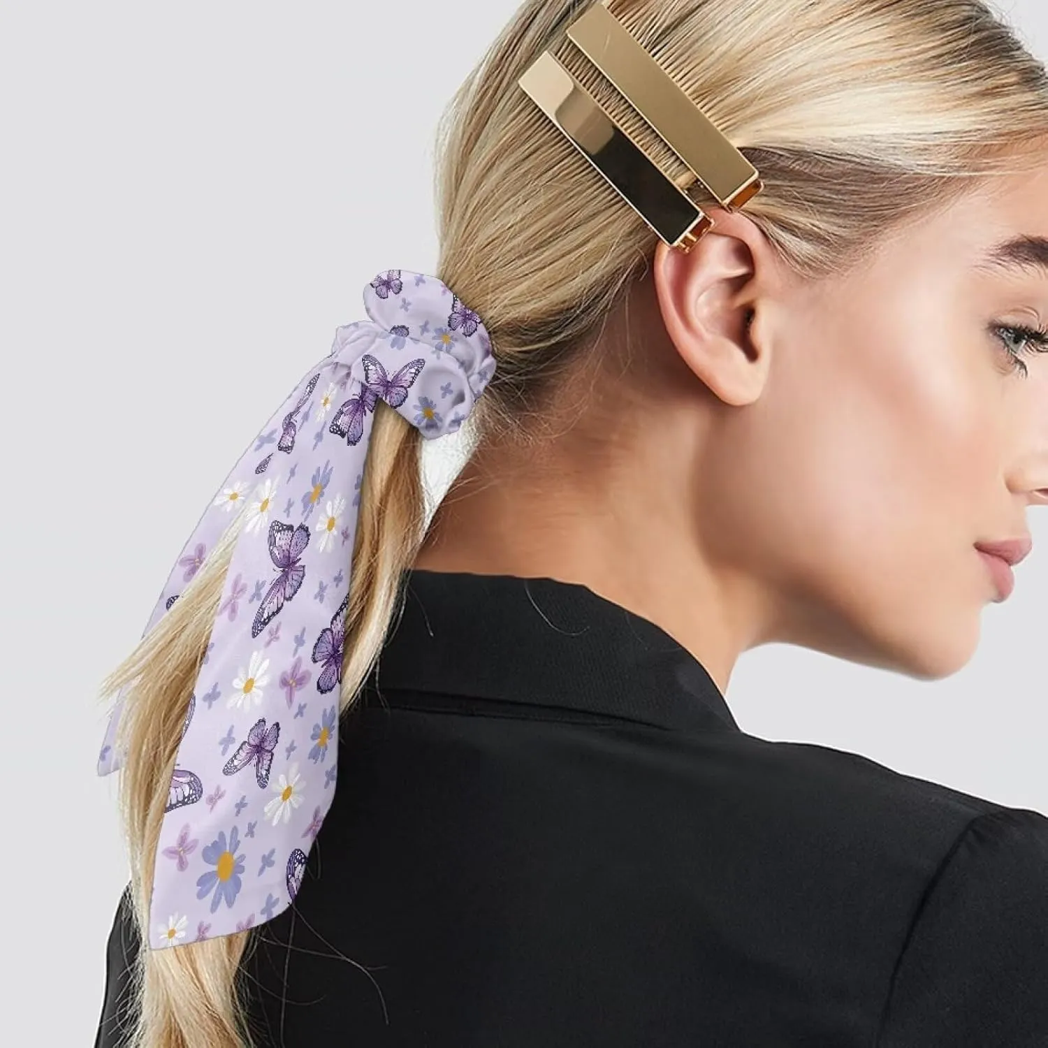 Purple Butterfly Satin Scrunchies Set of 2 Bow Hair Ties with Long Tails Fashion Hair Ribbons for Women for Party Hair Accessories Knotted Hair Bow for Thick Thin Hair Curly Hair