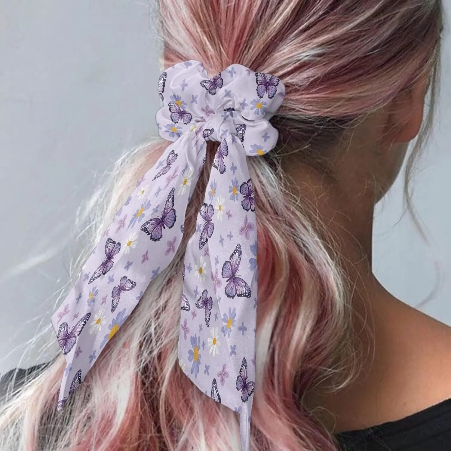 Purple Butterfly Satin Scrunchies Set of 2 Bow Hair Ties with Long Tails Fashion Hair Ribbons for Women for Party Hair Accessories Knotted Hair Bow for Thick Thin Hair Curly Hair