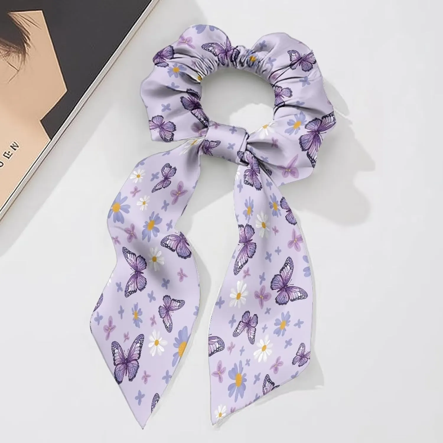 Purple Butterfly Satin Scrunchies Set of 2 Bow Hair Ties with Long Tails Fashion Hair Ribbons for Women for Party Hair Accessories Knotted Hair Bow for Thick Thin Hair Curly Hair