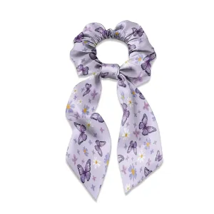 Purple Butterfly Satin Scrunchies Set of 2 Bow Hair Ties with Long Tails Fashion Hair Ribbons for Women for Party Hair Accessories Knotted Hair Bow for Thick Thin Hair Curly Hair