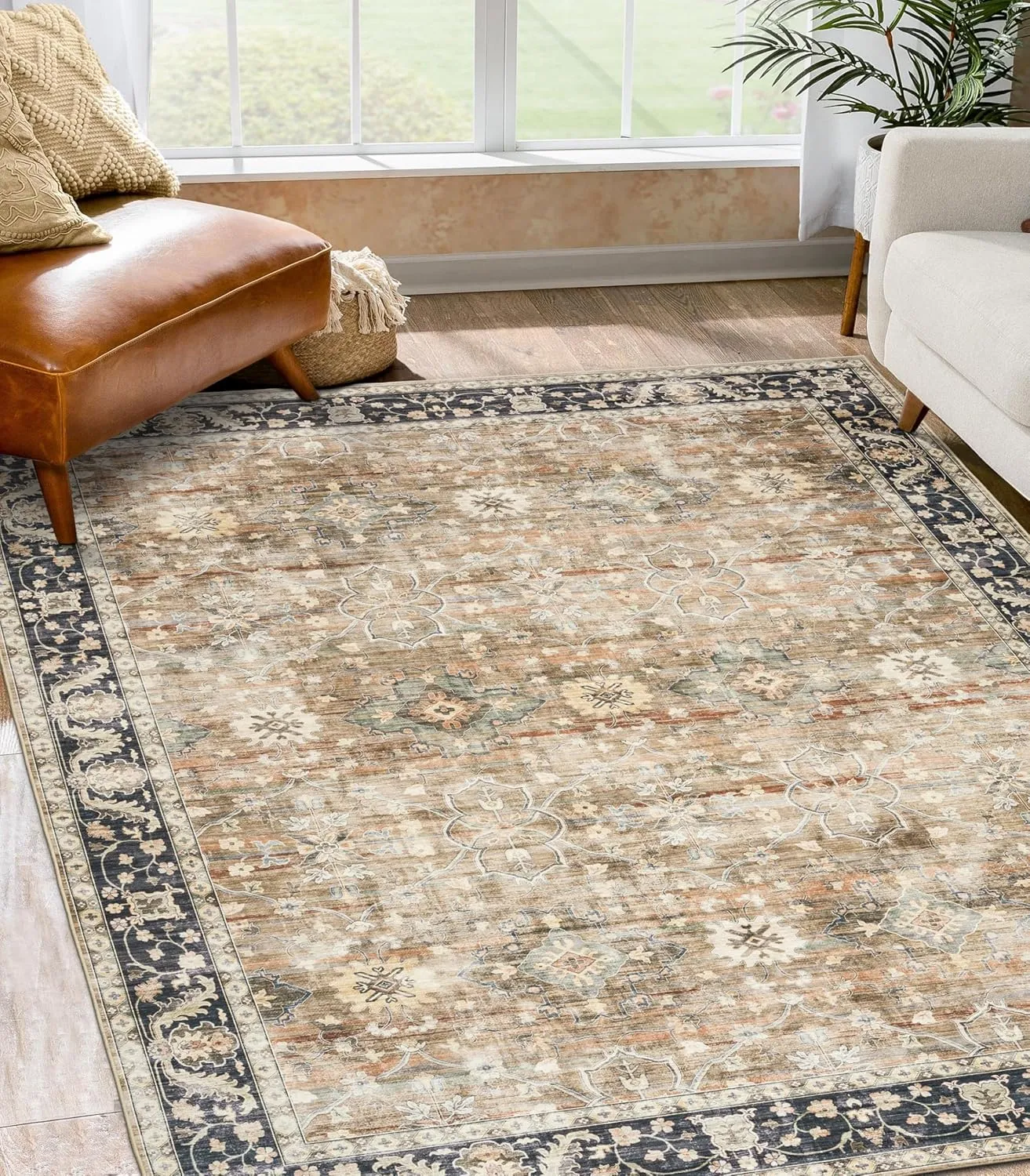 ReaLife Rugs Machine Washable Area Rug Runner - Living Room Bedroom Bathroom Kitchen Entryway - Padded Low Pile Stain Resistant Premium - Boho Farmhouse Vintage - BEV - Beige Tan Brown 2'6" x 8'