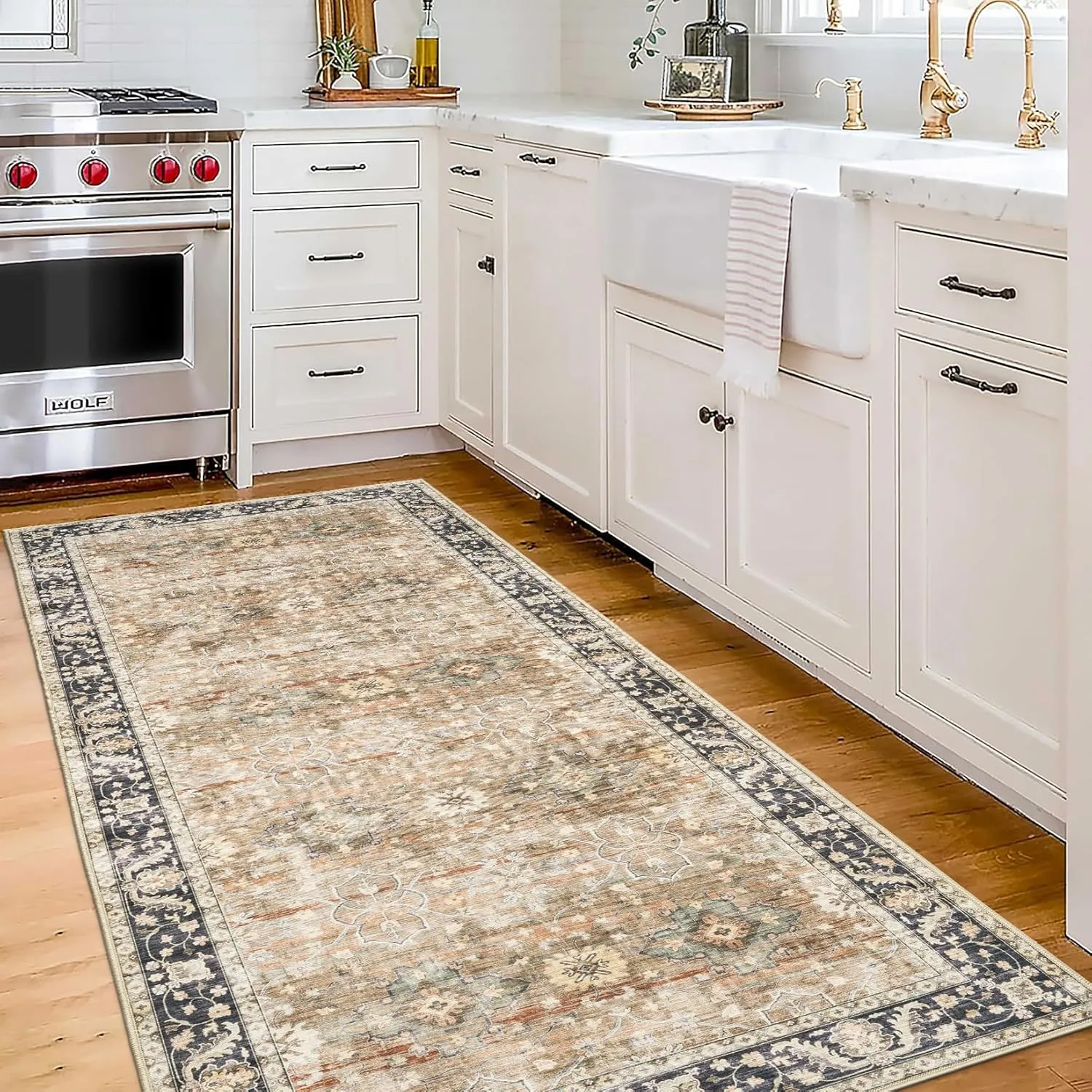 ReaLife Rugs Machine Washable Area Rug Runner - Living Room Bedroom Bathroom Kitchen Entryway - Padded Low Pile Stain Resistant Premium - Boho Farmhouse Vintage - BEV - Beige Tan Brown 2'6" x 8'