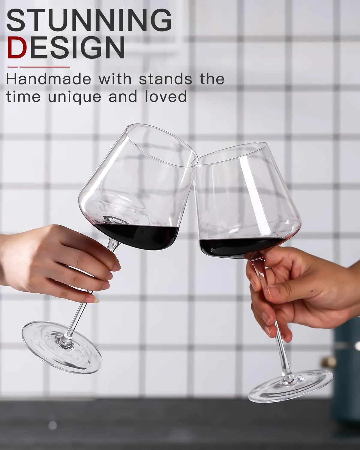 Red Wine Glasses Set of 4-18 oz Hand Blown Crystal Modern Wine Glasses-Unique square wine glasses with flat bottom For Cabernet, Pinot Noir, Burgundy