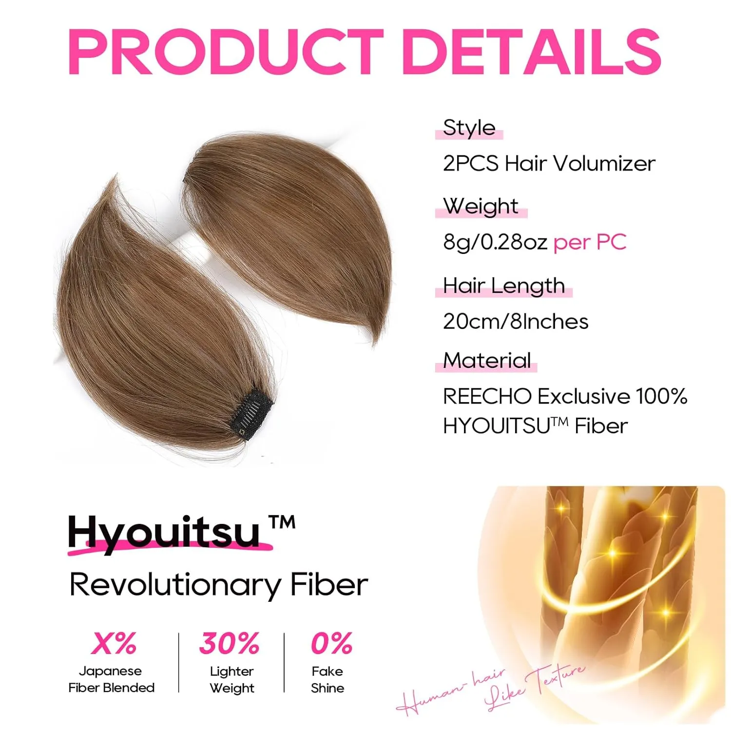 REECHO Clip in Hair Volumizer, 2PCS 8 inch Short Thick Clip in Hairpieces Adding Extra Volume Hair Extensions for Women with Thin Fine -Light Brown with Blonde Highlights