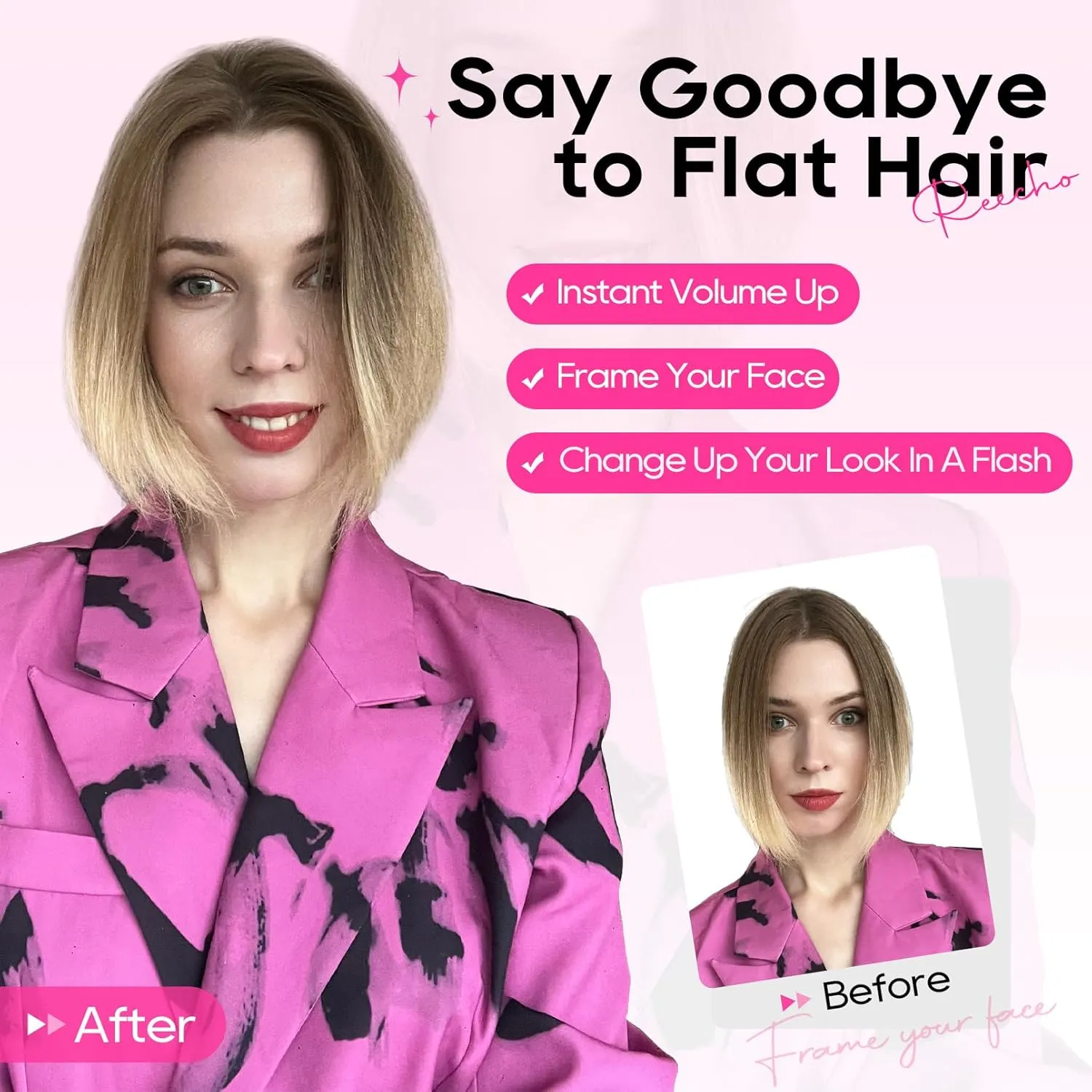 REECHO Clip in Hair Volumizer, 2PCS 8 inch Short Thick Clip in Hairpieces Adding Extra Volume Hair Extensions for Women with Thin Fine -Light Brown with Blonde Highlights