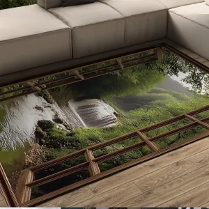 Relaxing Nature Scene Rugs Peaceful Waterfall Green Forest Landscape Carpet Low Pile Floor Mat for Living Room Bedroom Entry 5'x8'