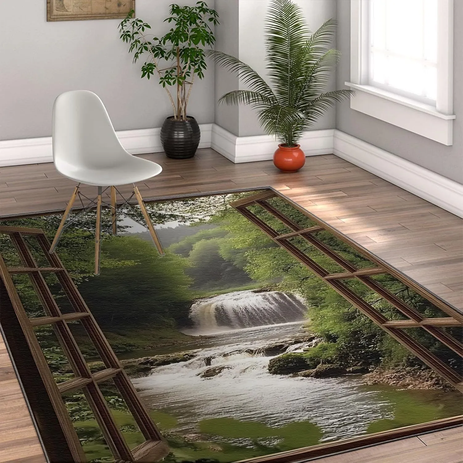 Relaxing Nature Scene Rugs Peaceful Waterfall Green Forest Landscape Carpet Low Pile Floor Mat for Living Room Bedroom Entry 5'x8'