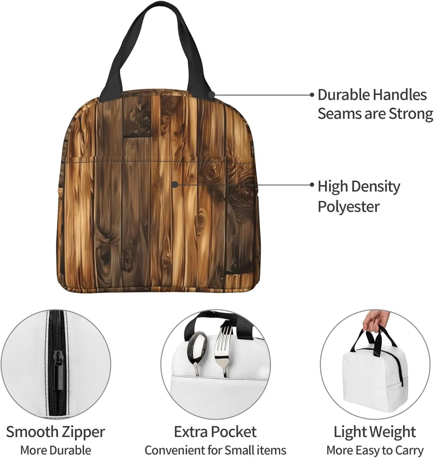 Retro Plank Lunch Bag for Women Men Insulated Lunch Box for Work/Picnic/Travel Reusable Durable Lunch Box