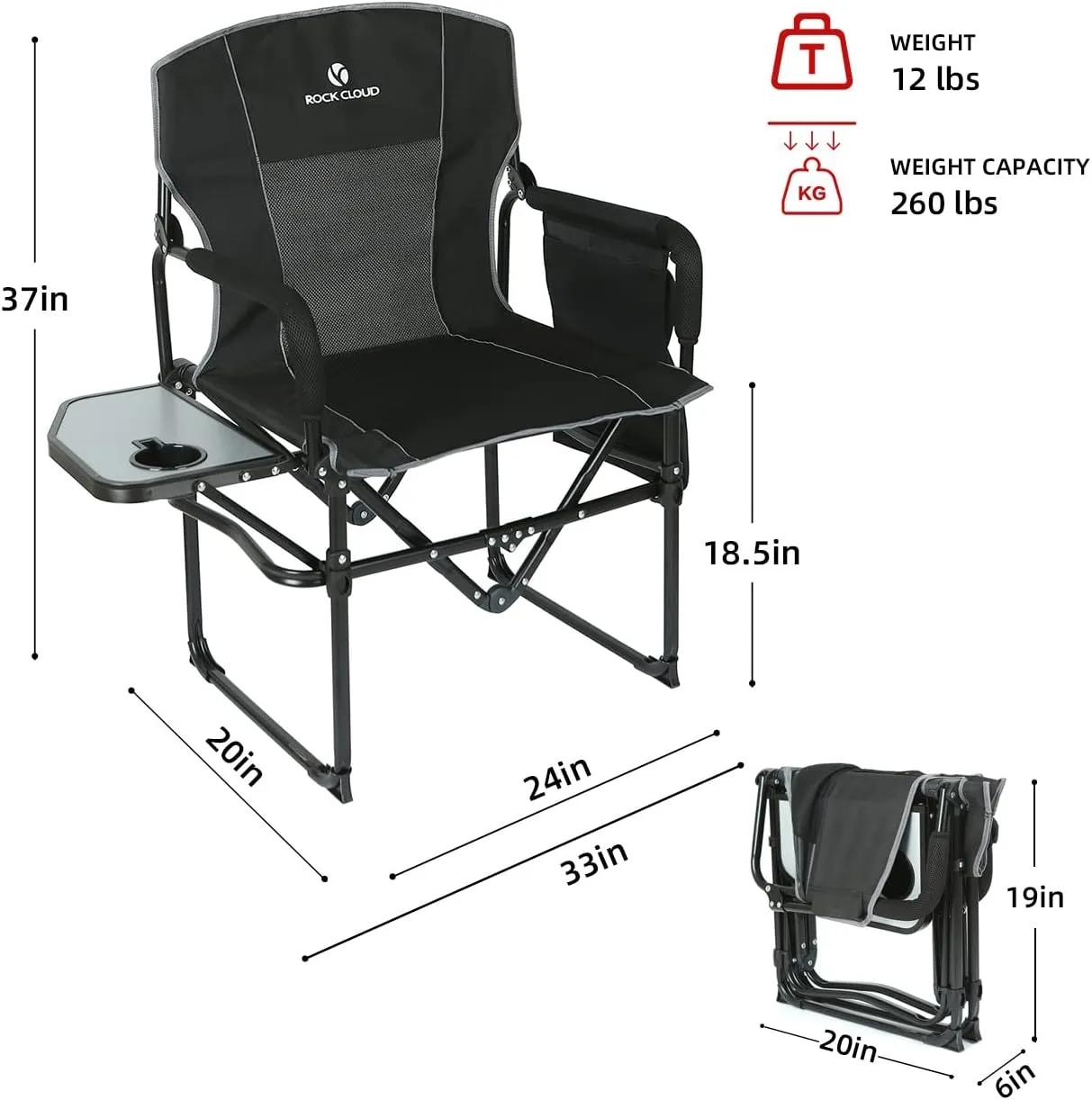 ROCK CLOUD Folding Camping Chair with Storage Pocket and Side Table Compact Portable Camp Chairs Outdoor for Camp Lawn Hiking Fishing Sports