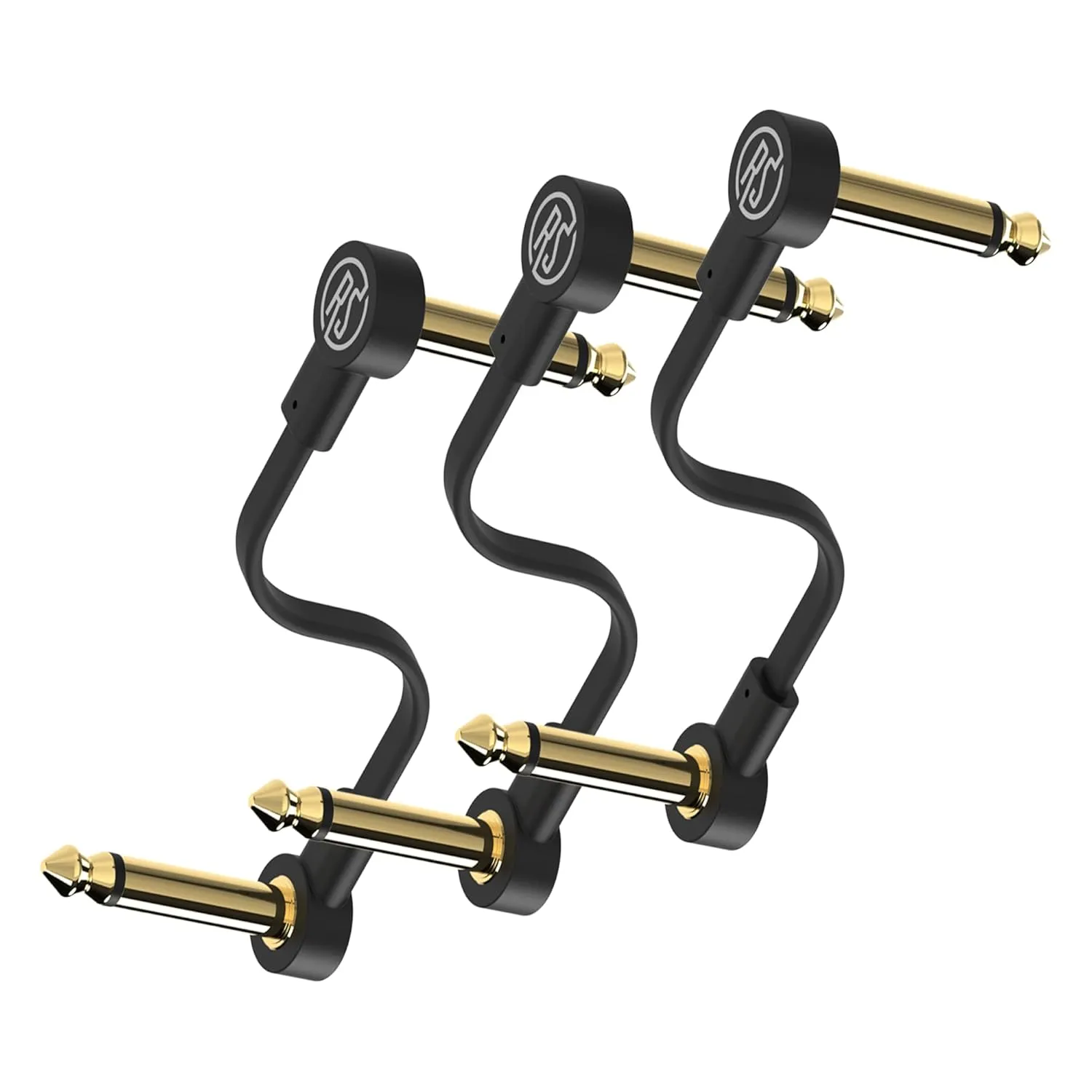Rock Stock Guitar Flat Patch Cables (Pack of 3) - 6 Inch S-Shape Ultra-Thin Effect Guitar Pedal Patch Cables - Right-Angle, Black with Durable Gold Plated Connectors, Maximize Pedalboard Space