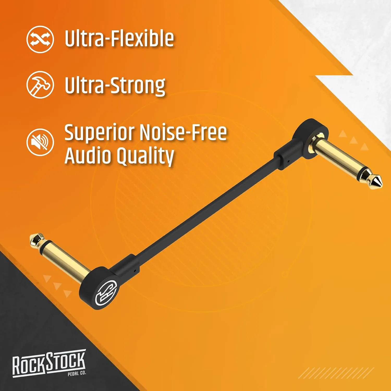 Rock Stock Guitar Flat Patch Cables (Pack of 3) - 6 Inch S-Shape Ultra-Thin Effect Guitar Pedal Patch Cables - Right-Angle, Black with Durable Gold Plated Connectors, Maximize Pedalboard Space