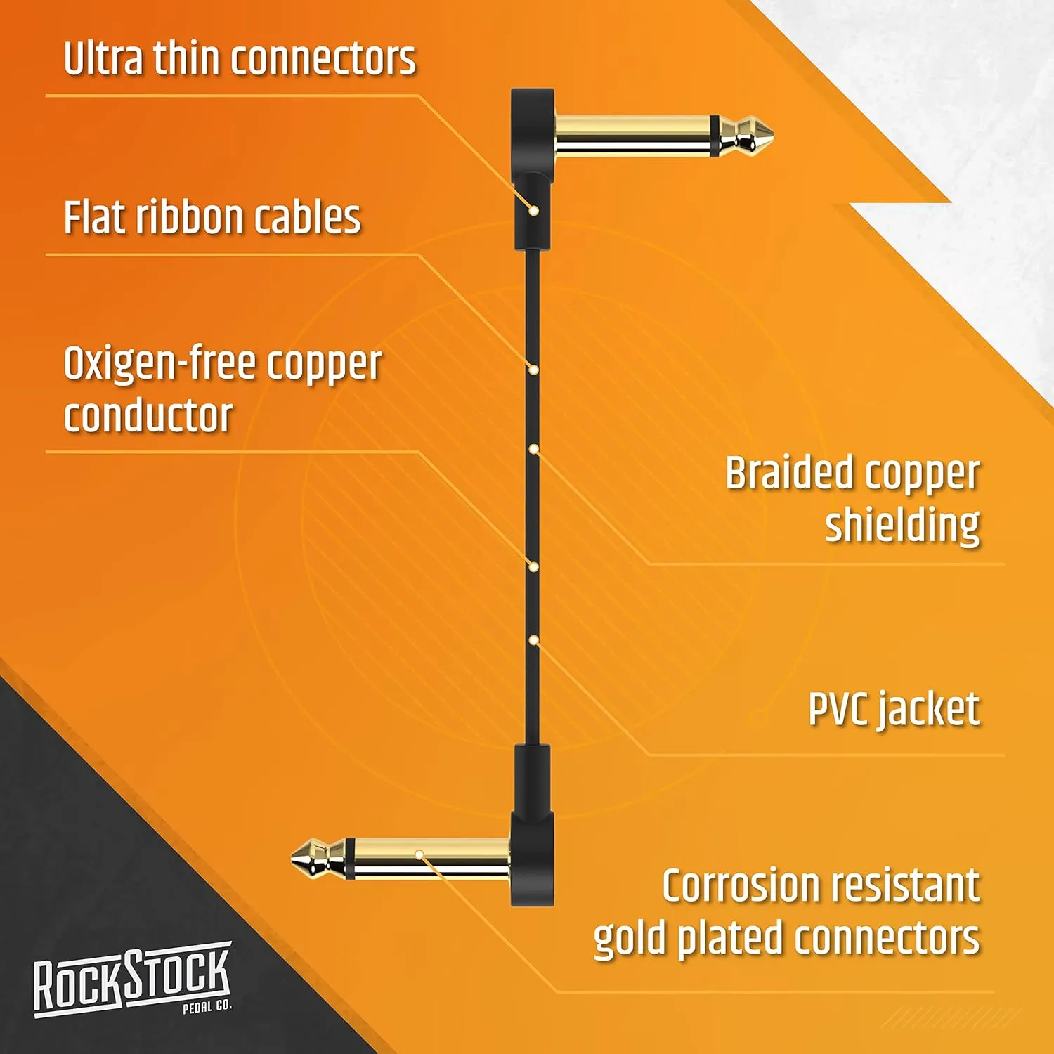Rock Stock Guitar Flat Patch Cables (Pack of 3) - 6 Inch S-Shape Ultra-Thin Effect Guitar Pedal Patch Cables - Right-Angle, Black with Durable Gold Plated Connectors, Maximize Pedalboard Space
