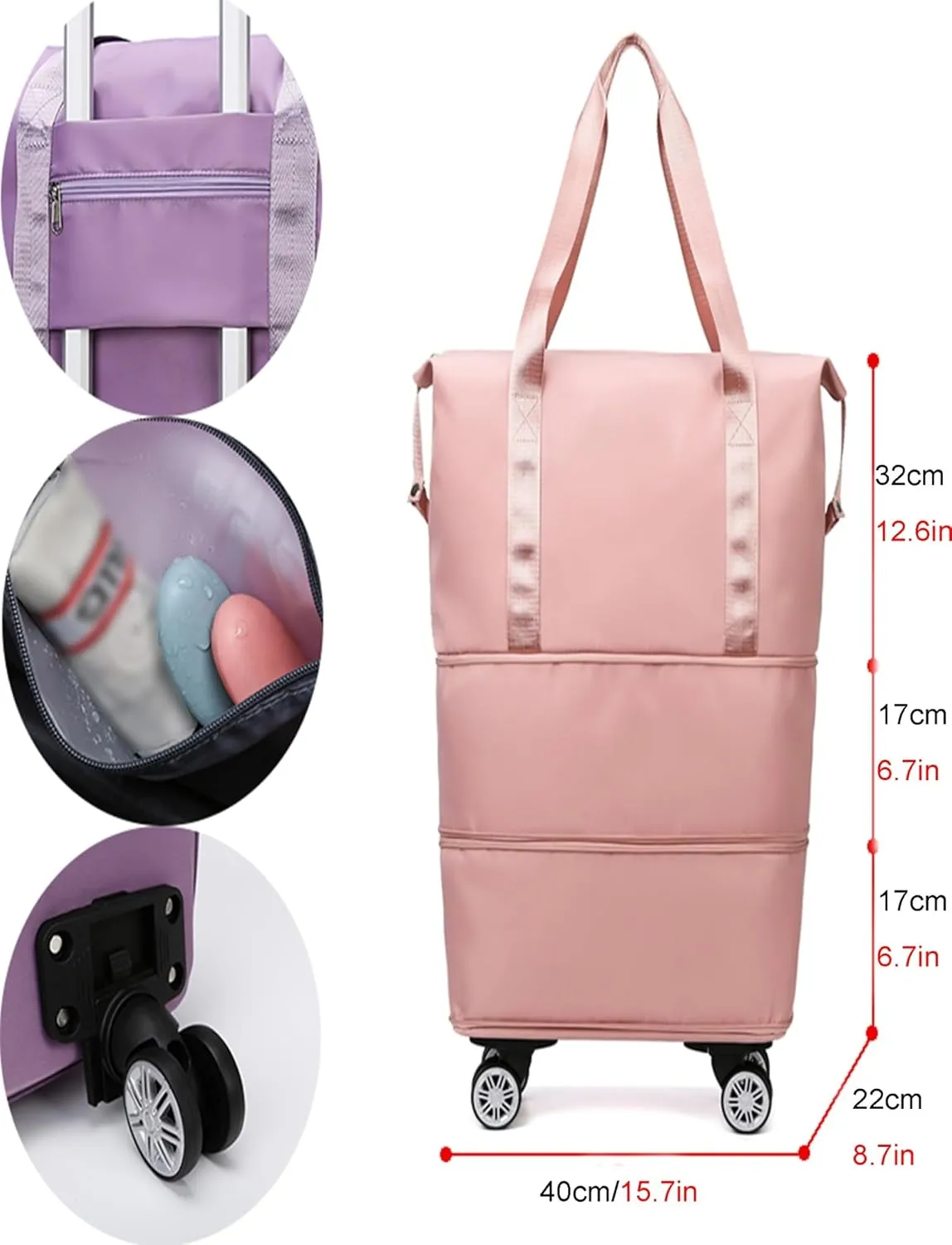 Rolling Duffle Bag with Wheels - Expandable Travel Bag with 360° Spinner Wheels | Carry-On Weekender Bag | Waterproof Foldable Luggage for Men & Women(Purple)