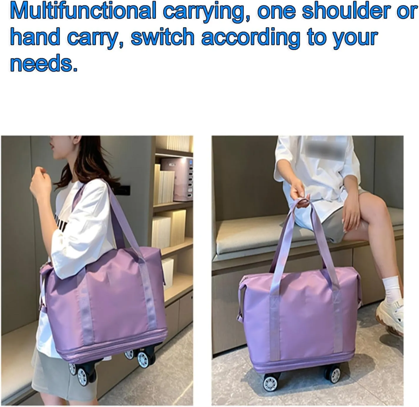 Rolling Duffle Bag with Wheels - Expandable Travel Bag with 360° Spinner Wheels | Carry-On Weekender Bag | Waterproof Foldable Luggage for Men & Women(Purple)