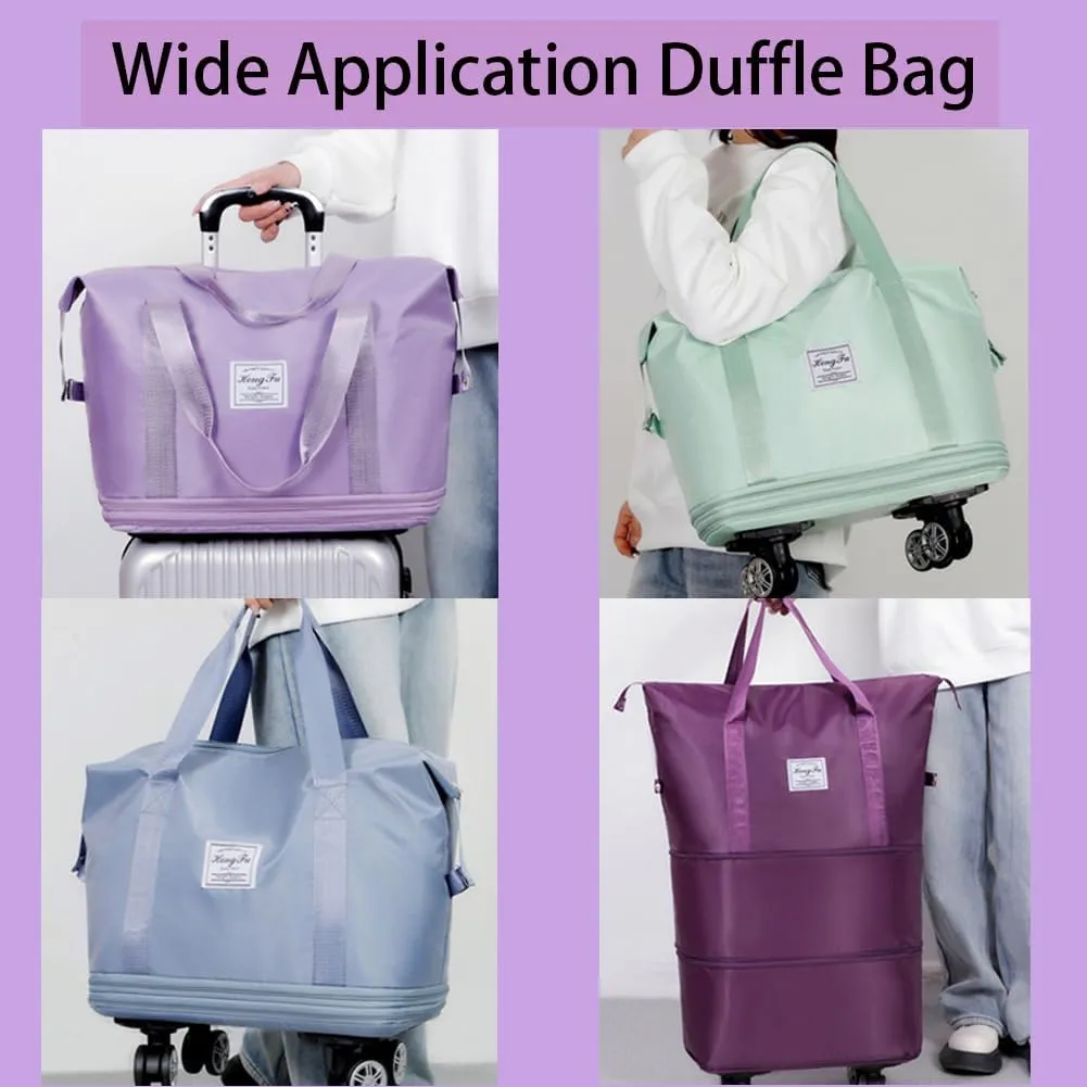 Rolling Duffle Bag with Wheels Foldable Travel Duffle Bags Expandable Carry on Luggage Bag with Detachable Wheels Large Weekender Overnight Bag (Light Blue)