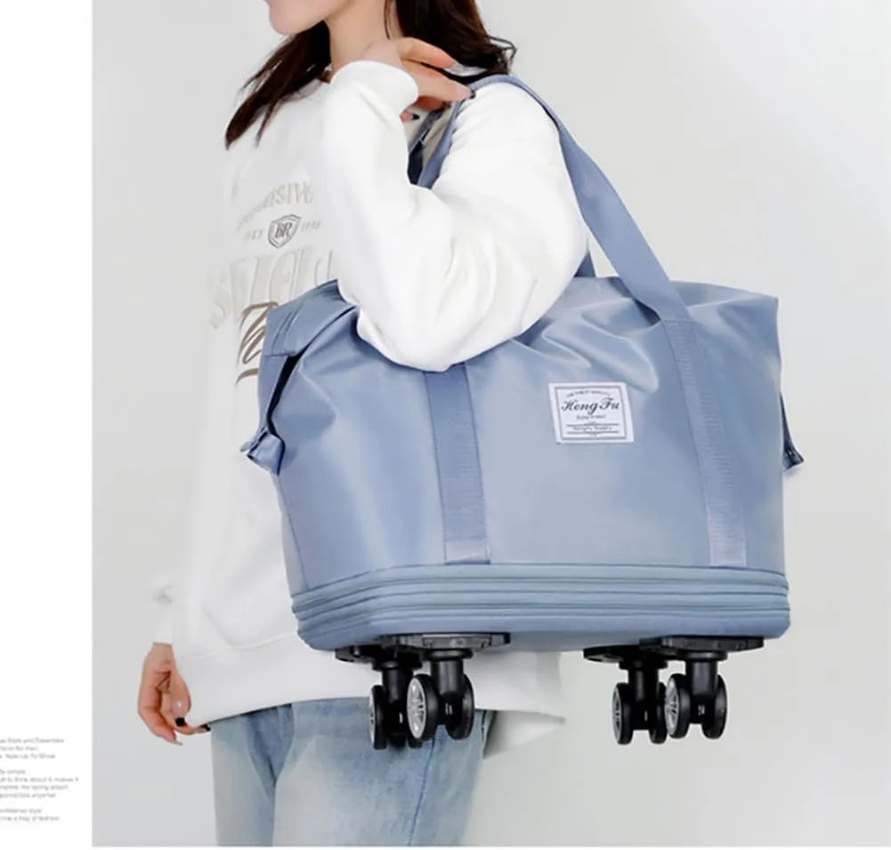 Rolling Duffle Bag with Wheels Foldable Travel Duffle Bags Expandable Carry on Luggage Bag with Detachable Wheels Large Weekender Overnight Bag (Light Blue)