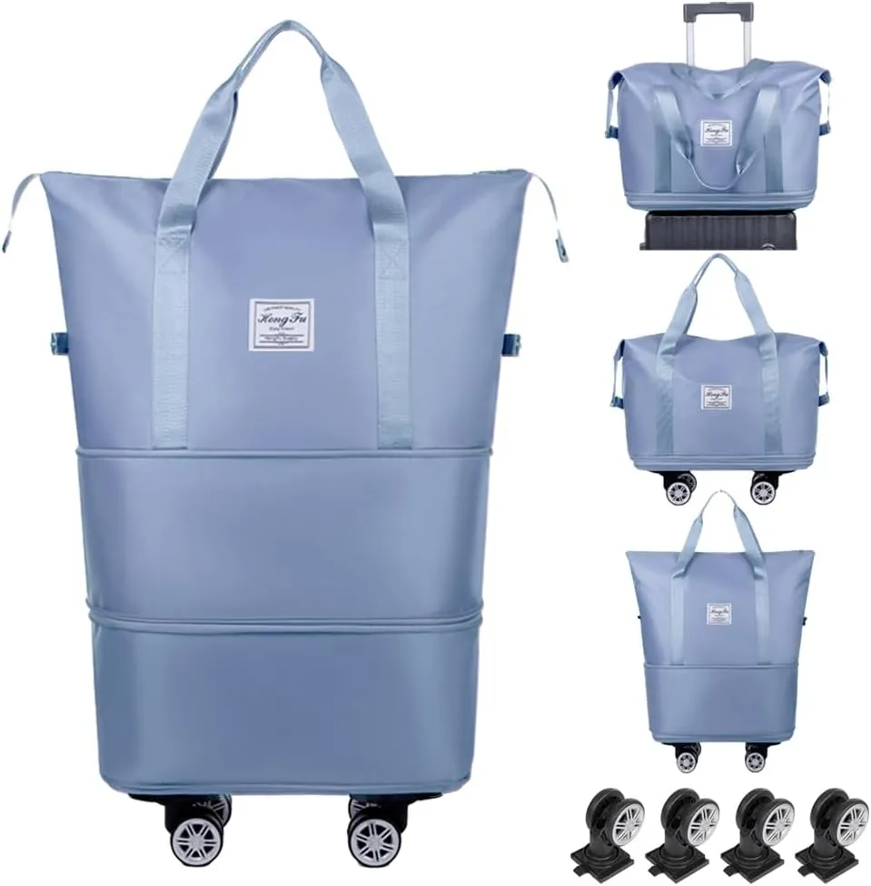 Rolling Duffle Bag with Wheels Foldable Travel Duffle Bags Expandable Carry on Luggage Bag with Detachable Wheels Large Weekender Overnight Bag (Light Blue)