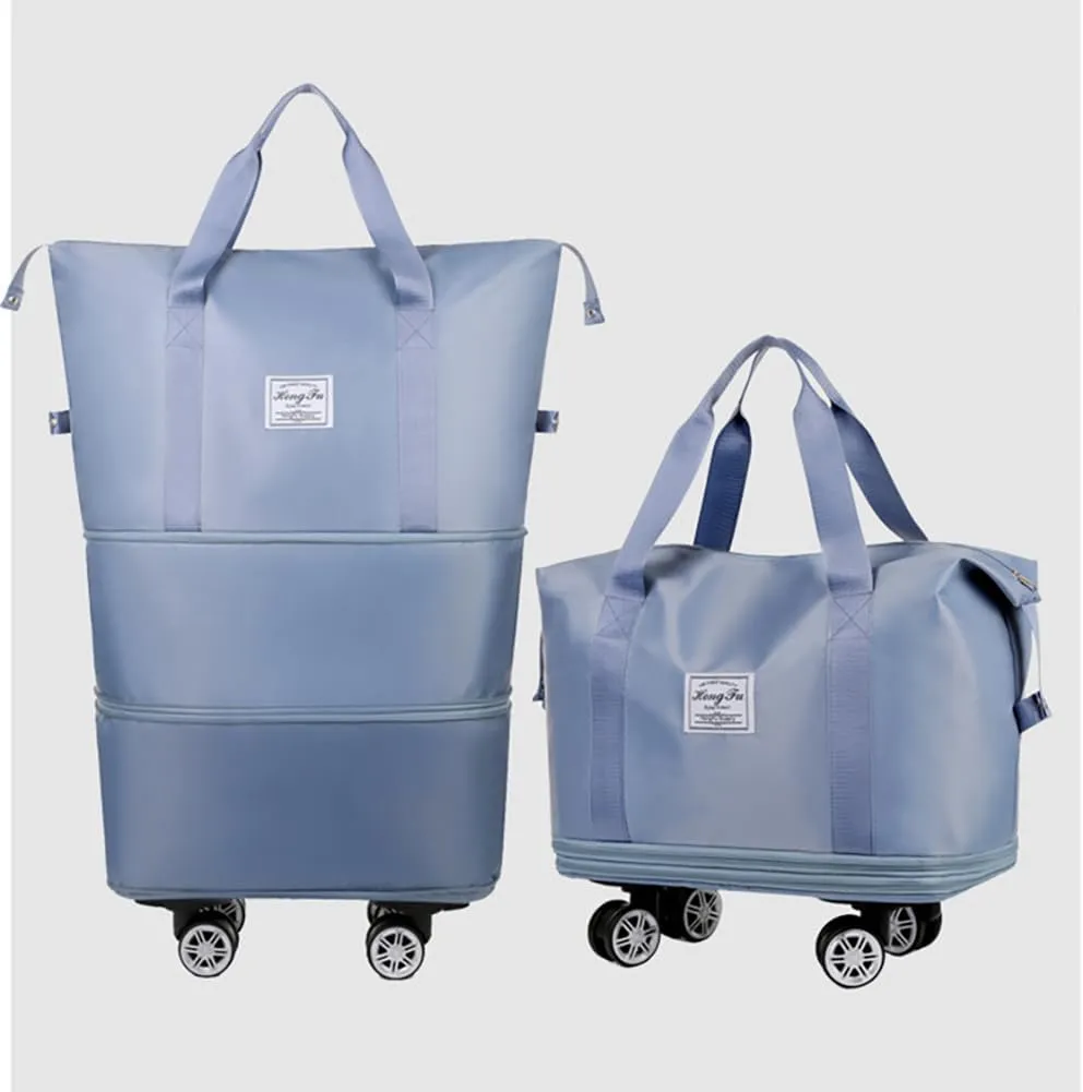 Rolling Duffle Bag with Wheels Foldable Travel Duffle Bags Expandable Carry on Luggage Bag with Detachable Wheels Large Weekender Overnight Bag (Light Blue)
