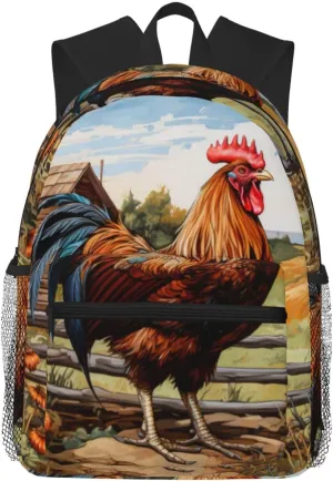 Rooster on Wood in Farmland College Backpack For Women Men,Lightweight Travel Bag Backpack With Pockets for Women Men