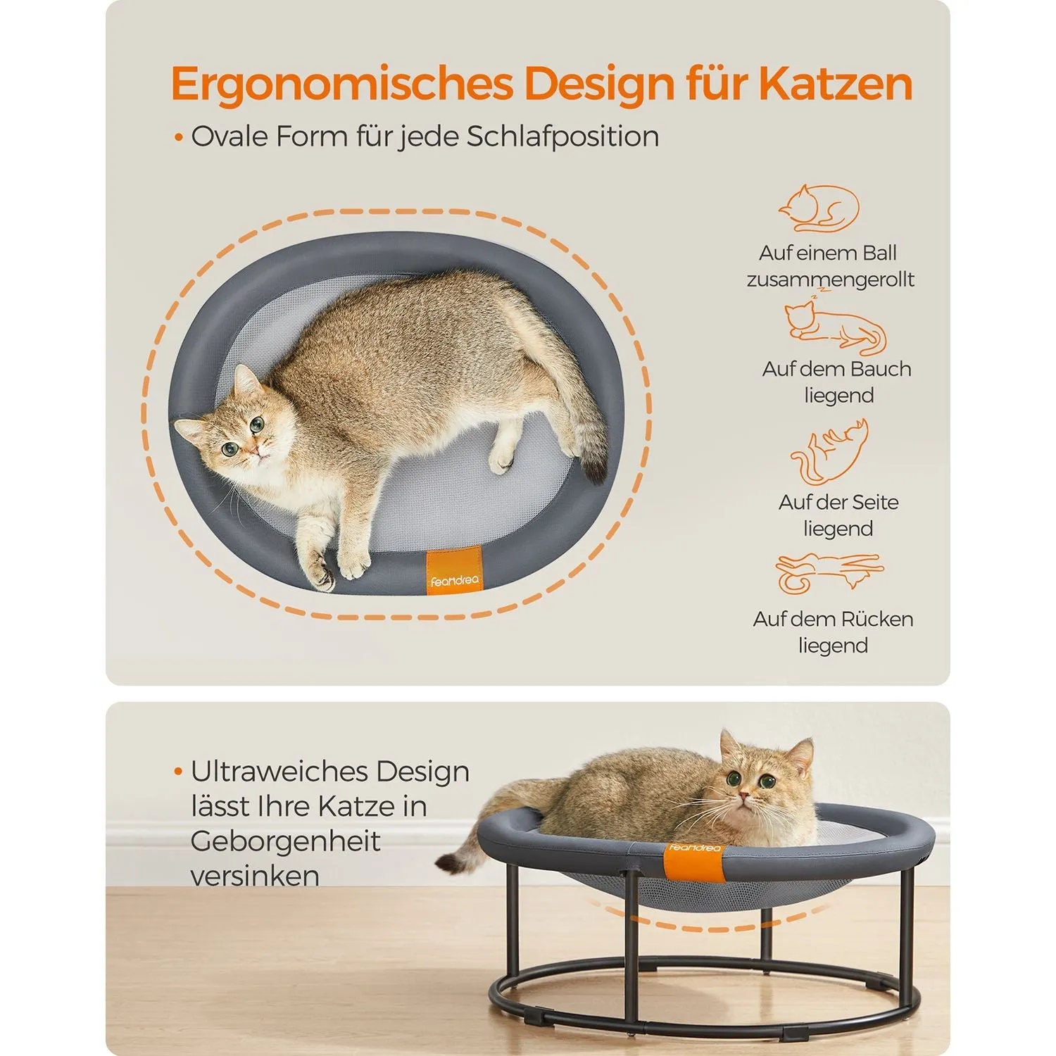 Rootz Gray Cat Hammock - Pet Bed - Kitty Lounger - Steel Frame - Oxford Cloth - Lightweight - 52cm x 42cm x 20cm