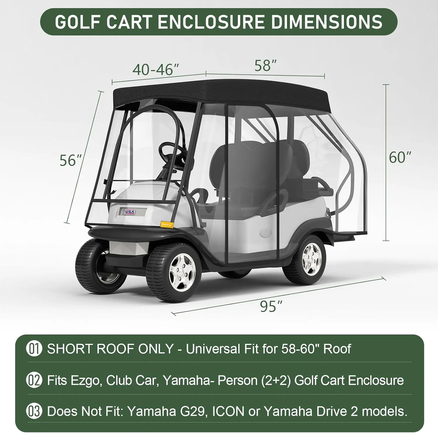Rosefray Golf Cart Enclosure - 2 2 Drivable Rain Cover for Short Roof 58" EZGO, Club Car - Durable Door Zipper, 4-Sided Clear Windows (4 Seater)