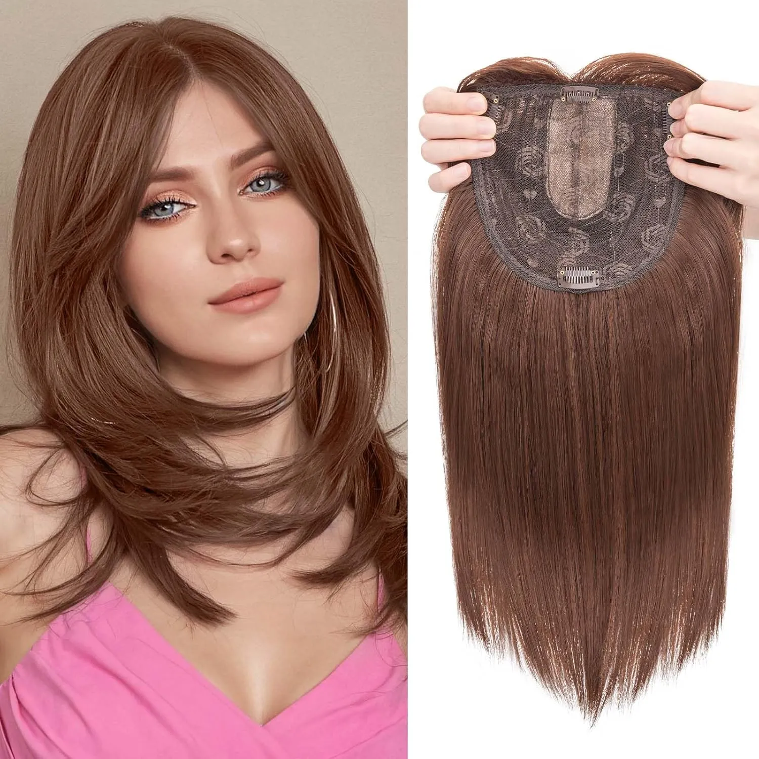 S-noilite 14inch Hair Toppers for Women with Bang Long Straight Clip in HairPieces for Women with Thinning Hair Add Volume Medium Brown
