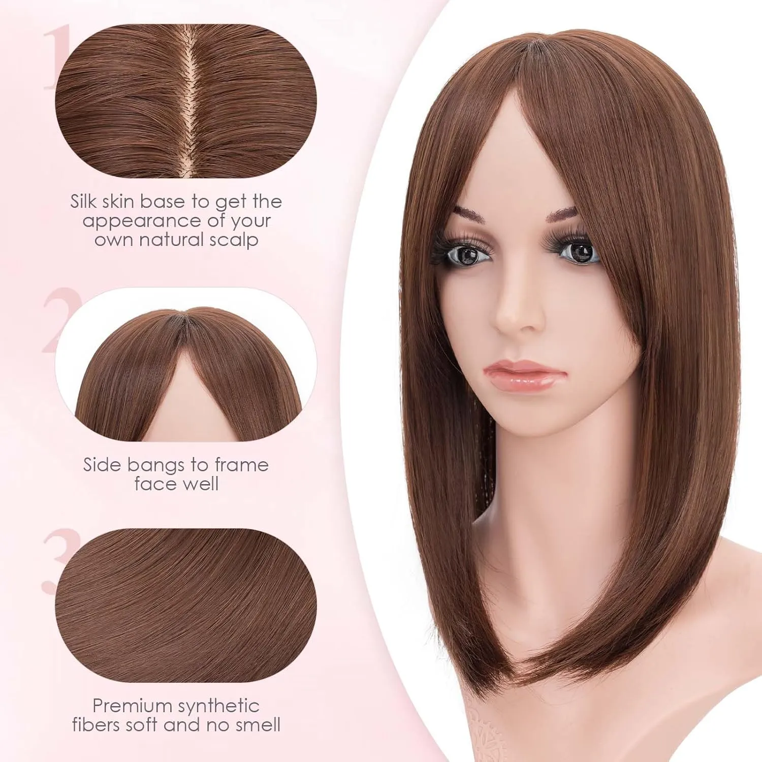 S-noilite 14inch Hair Toppers for Women with Bang Long Straight Clip in HairPieces for Women with Thinning Hair Add Volume Medium Brown