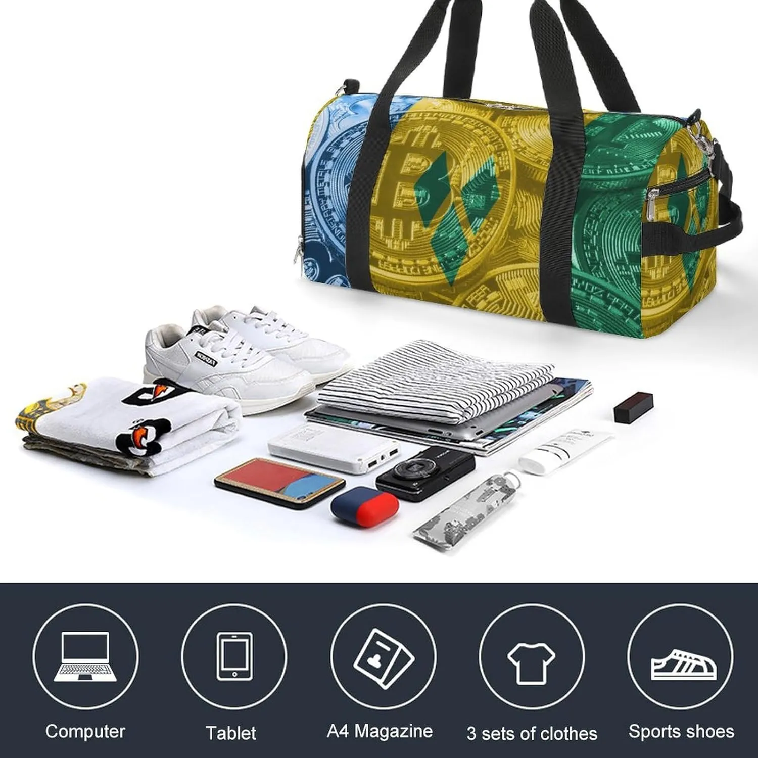 Saint Vincent Grenadines Flag Bitcoin Travel Duffel Bag with Shoe Compartment for Yoga and Sports