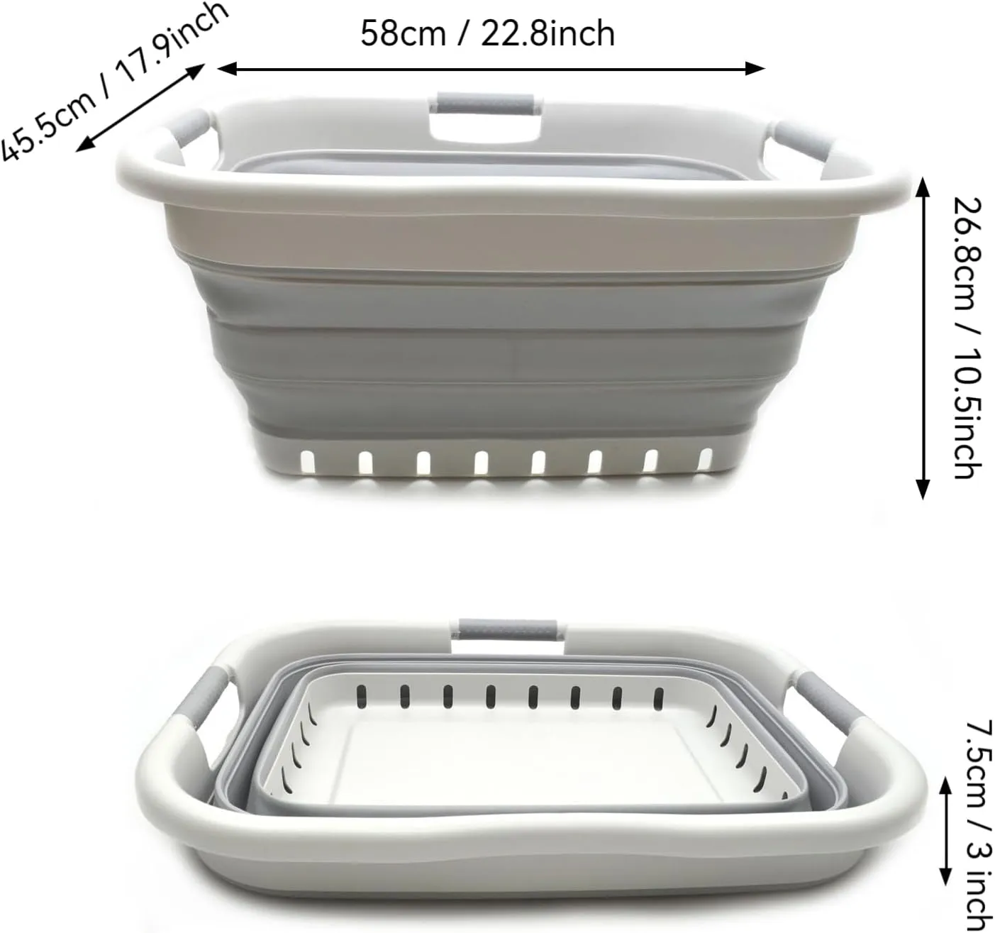 SAMMART 41L (10.8 gallon) Set of 2 Collapsible 3 Handled Plastic Laundry Basket-Foldable Pop Up Storage Container/Organizer-Space Saving Hamper/Basket (2, Grey/Grey)