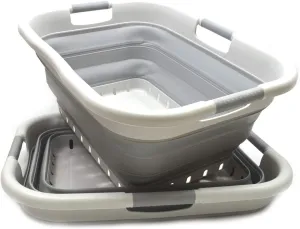 SAMMART 41L (10.8 gallon) Set of 2 Collapsible 3 Handled Plastic Laundry Basket-Foldable Pop Up Storage Container/Organizer-Space Saving Hamper/Basket (2, Grey/Grey)