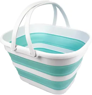 SAMMART Collapsible Tub with Handle 17L (4.5 Gallons) - Portable Picnic Basket/Crate - Foldable Storage Container for Dishes Washing, Camping and Home (White/Lake Green)