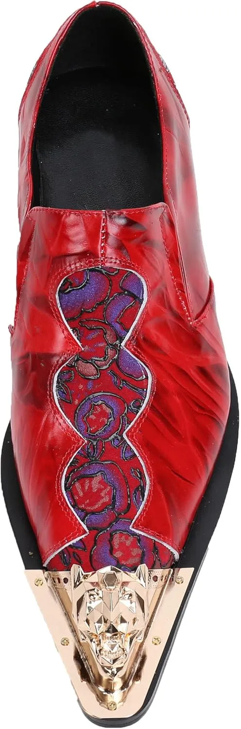 Santimon Loafers Pointed Toe Western Embroidery Leather Dress Men Shoes