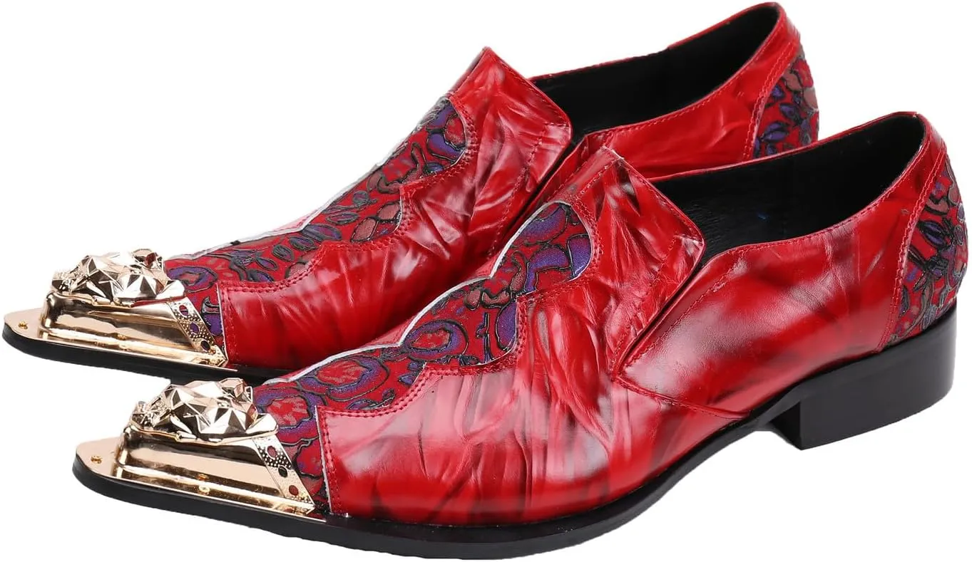 Santimon Loafers Pointed Toe Western Embroidery Leather Dress Men Shoes