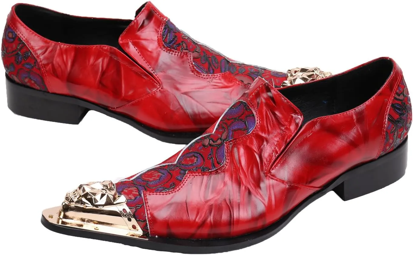 Santimon Loafers Pointed Toe Western Embroidery Leather Dress Men Shoes