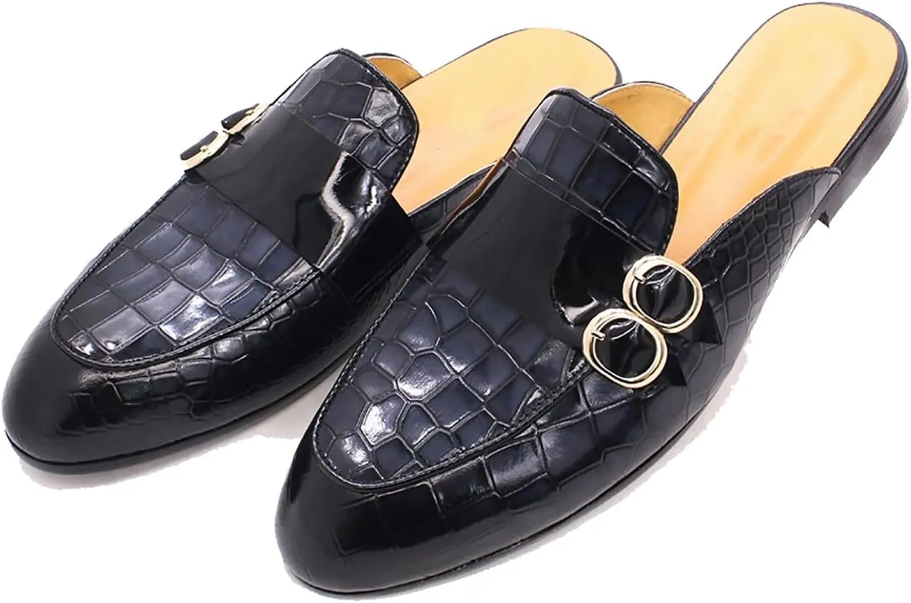 Santimon Men's Slipper Fashion Genuine Leather Crocodile Print Slip-on Loafers Casual Dress Formal Slippers Outdoor Sandals