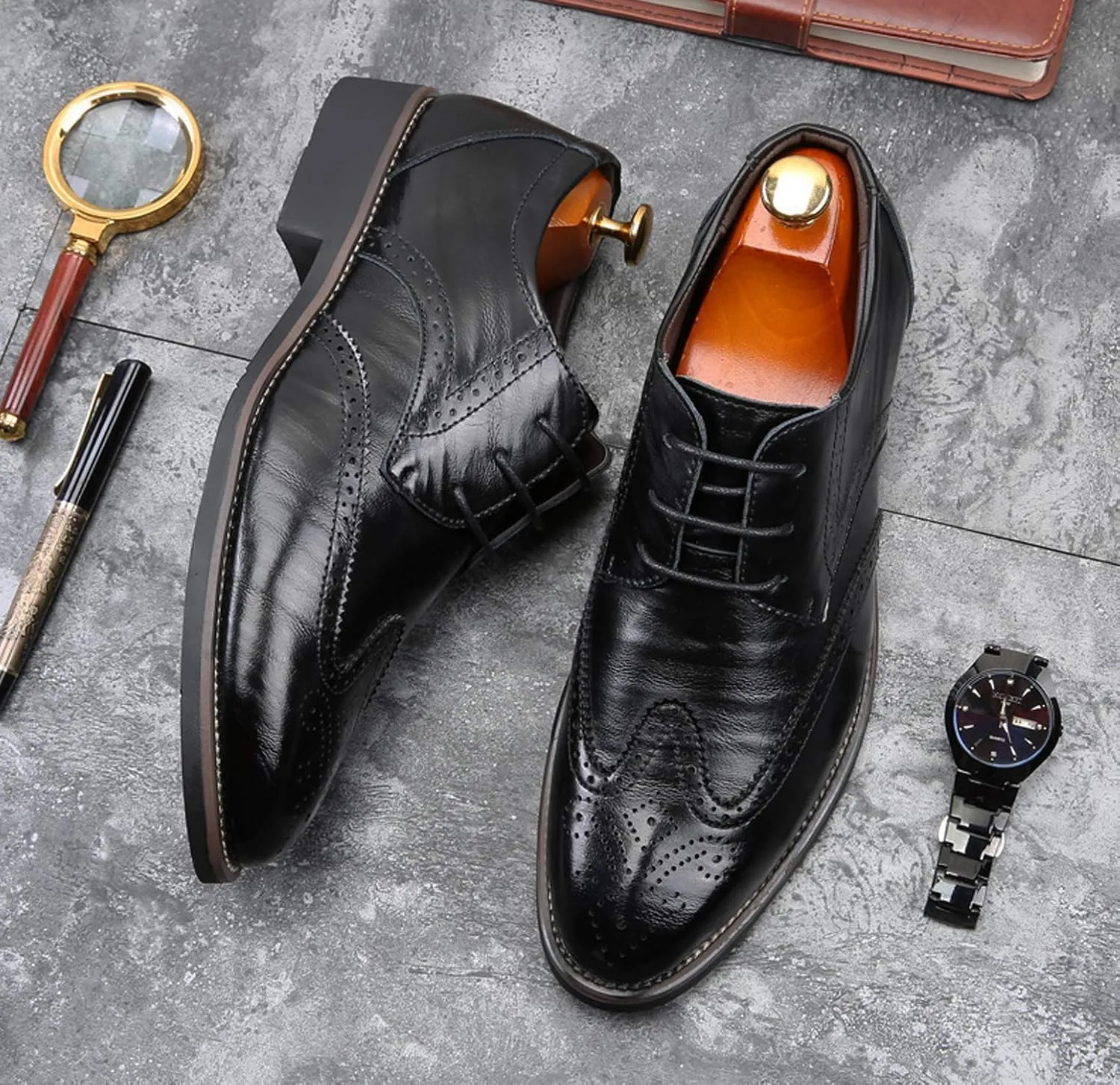 Santimon Men's Wingtip Oxford Shoes Classic Brogue Dress PU Leather Lace Up Casual Shoes