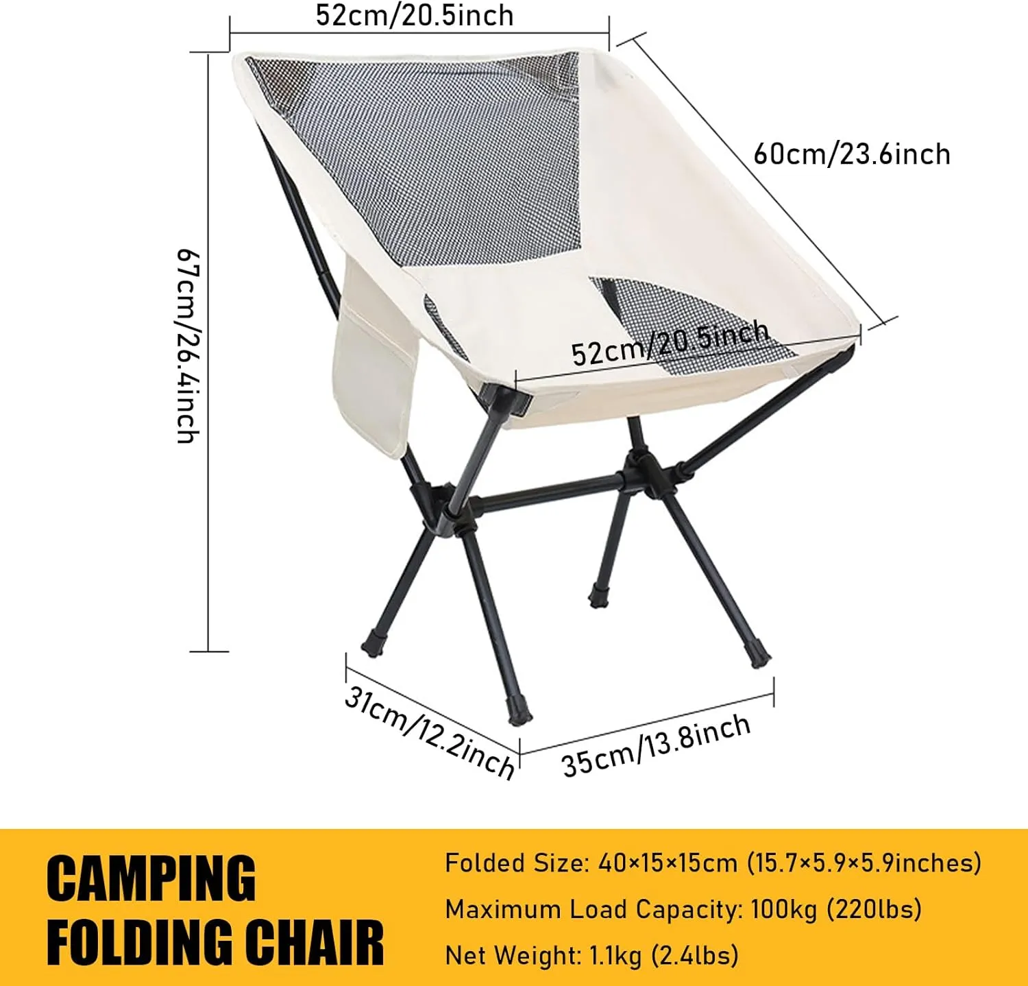 Set of 2 Outdoor Camping Chairs for Adults, Ultralight Portable Folding Chair with Carry Bag, 600D Oxford Fabric, 100KG Load Capacity, for Travel, Beach, Picnic, Hiking,White