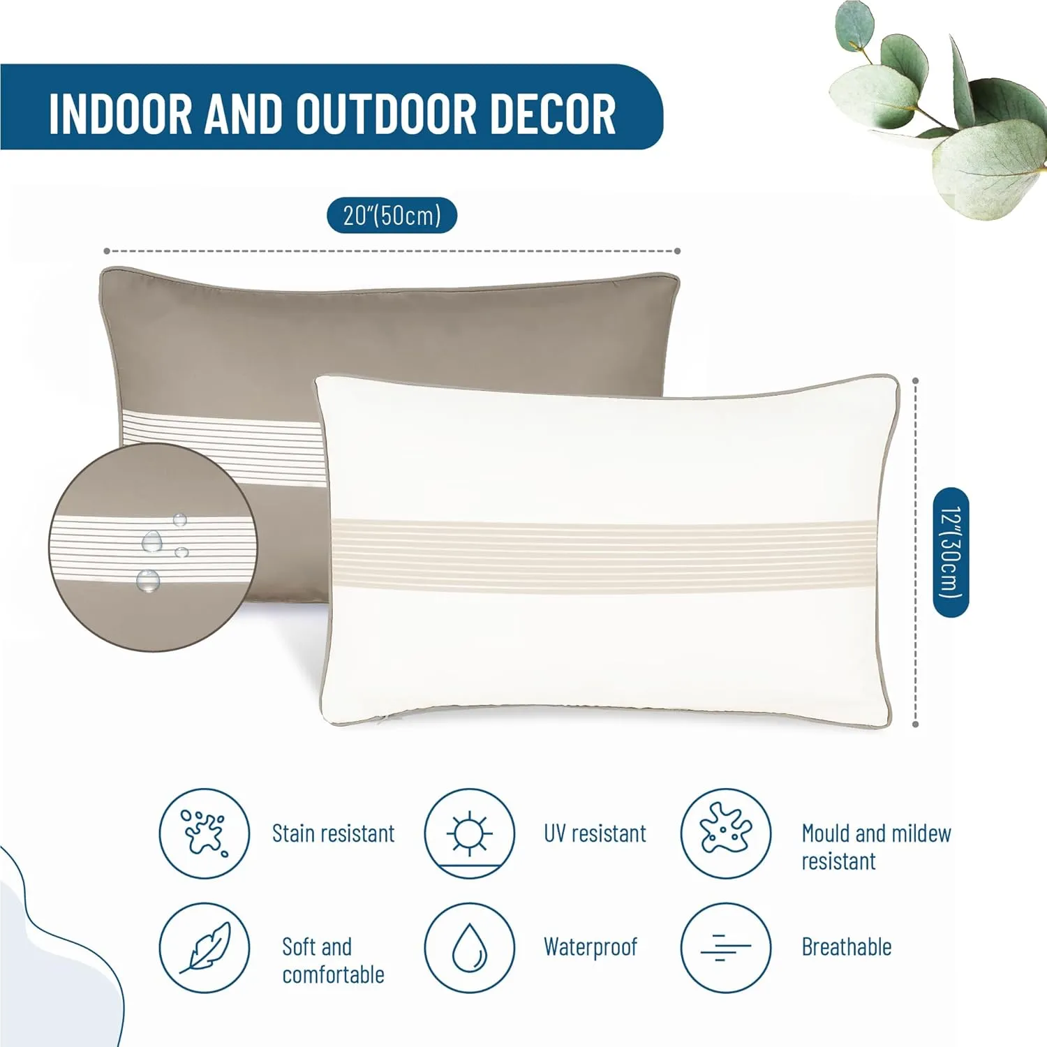 Set of 2 Outdoor Pillows Waterproof - Decorative Patio Throw Pillows for Outdoor Furniture - Lumbar & Accent Pillow Covers for Porch, Garden, Deck & Backyard (Brown and White, 20" x 12")