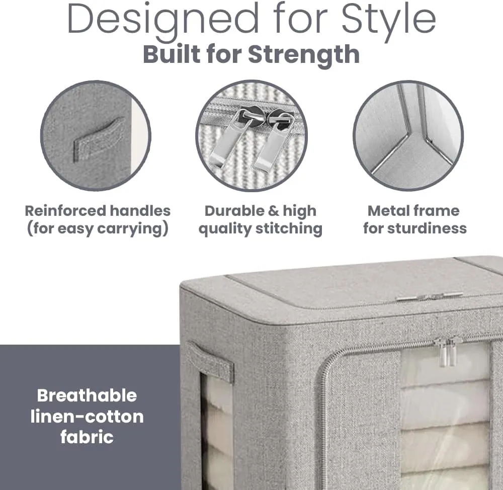 Set of 2 Stackable 66L Storage Bins with Clear Windows & Reinforced Handles | Foldable Linen Organizer for Comforters, Blankets & Clothes | Durable Breathable Containers for Closet & Bedroom. (gray)