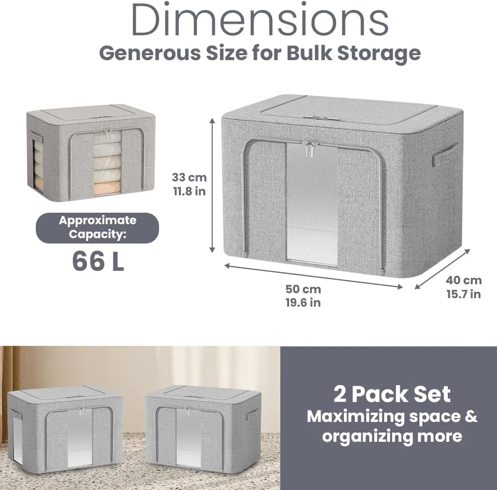Set of 2 Stackable 66L Storage Bins with Clear Windows & Reinforced Handles | Foldable Linen Organizer for Comforters, Blankets & Clothes | Durable Breathable Containers for Closet & Bedroom. (gray)