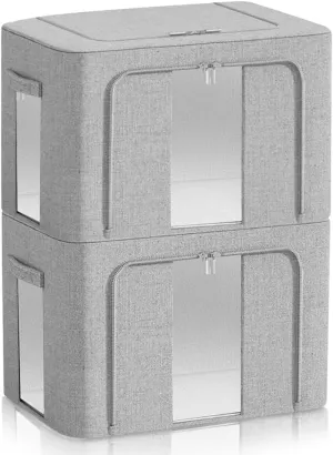 Set of 2 Stackable 66L Storage Bins with Clear Windows & Reinforced Handles | Foldable Linen Organizer for Comforters, Blankets & Clothes | Durable Breathable Containers for Closet & Bedroom. (gray)