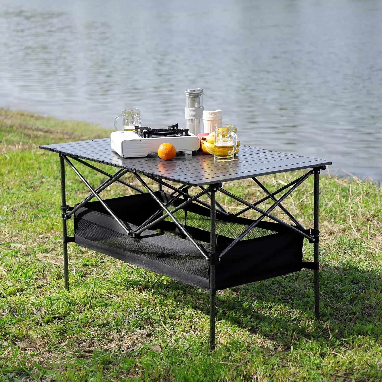 Set of 5, Indoor, Camping, Picnics, Beach,Backyard, BBQ, Party, Patio, Black/Green Folding Outdoor Table and Chairs Set