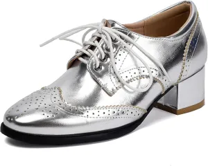 SHEMEE Women's British Oxford Brogues Chunky Low Heels Saddle Shoes Vintage Wingtip Perforated Derby Shoes Lace Up Dress Pumps