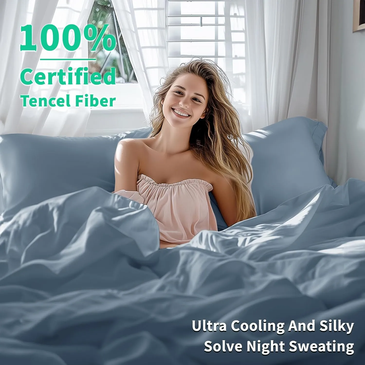 Shilucheng Tencel Sheets 4 Piece, 100% Eucalyptus Lyocell Sheets Set, Cooler Than Cotton and Linen, Summer Cooling Breathable Bed Sheets for Hot Sleepers, 16 Inch Deep Pockets (French Blue, Queen)