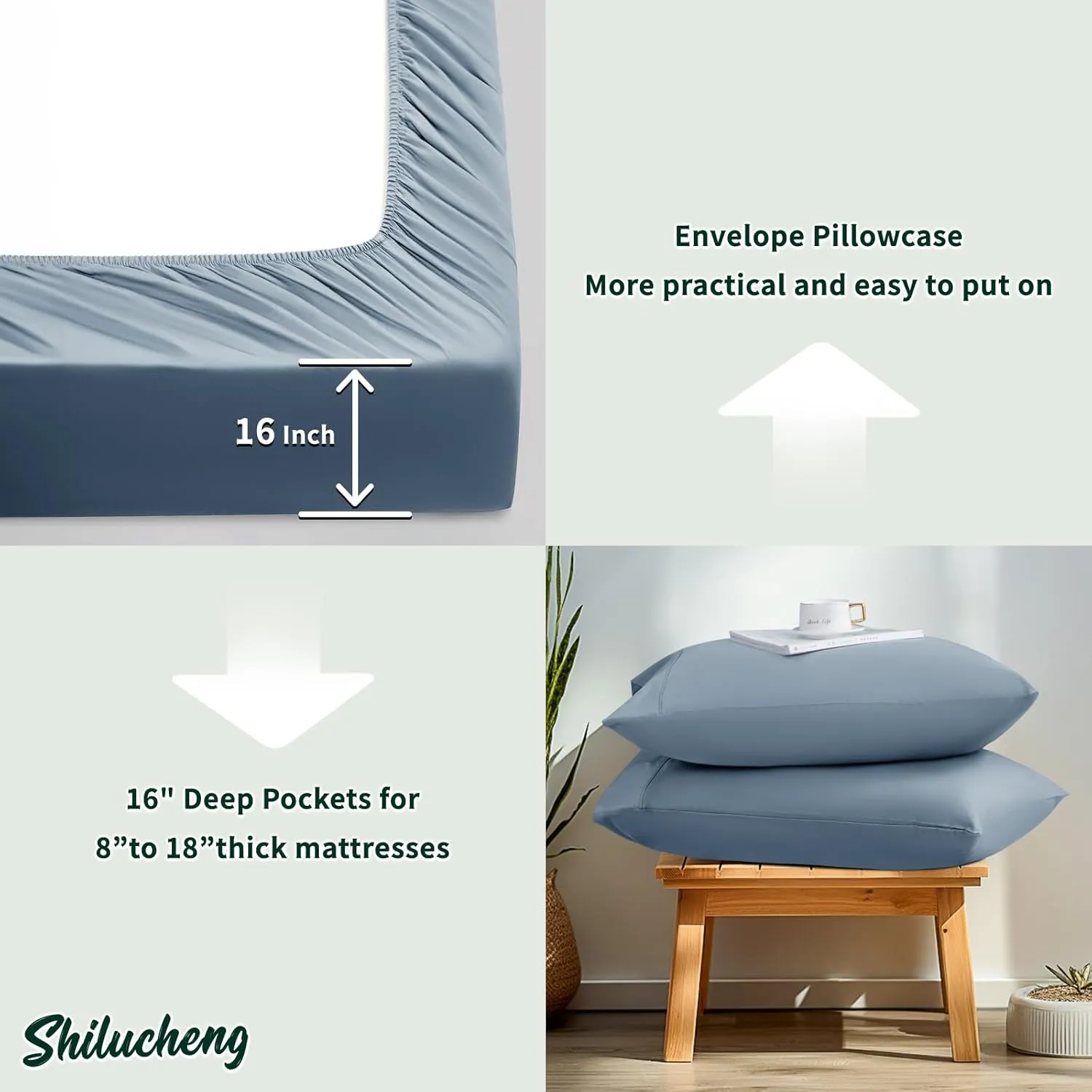 Shilucheng Tencel Sheets 4 Piece, 100% Eucalyptus Lyocell Sheets Set, Cooler Than Cotton and Linen, Summer Cooling Breathable Bed Sheets for Hot Sleepers, 16 Inch Deep Pockets (French Blue, Queen)