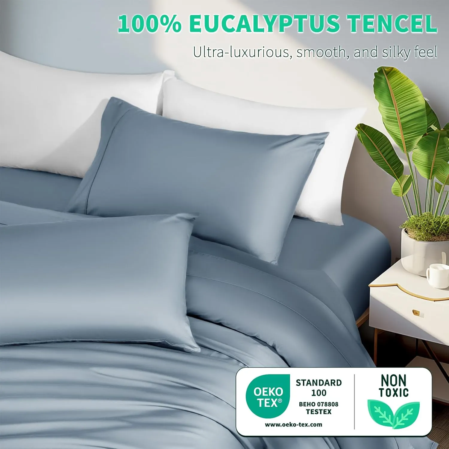 Shilucheng Tencel Sheets 4 Piece, 100% Eucalyptus Lyocell Sheets Set, Cooler Than Cotton and Linen, Summer Cooling Breathable Bed Sheets for Hot Sleepers, 16 Inch Deep Pockets (French Blue, Queen)