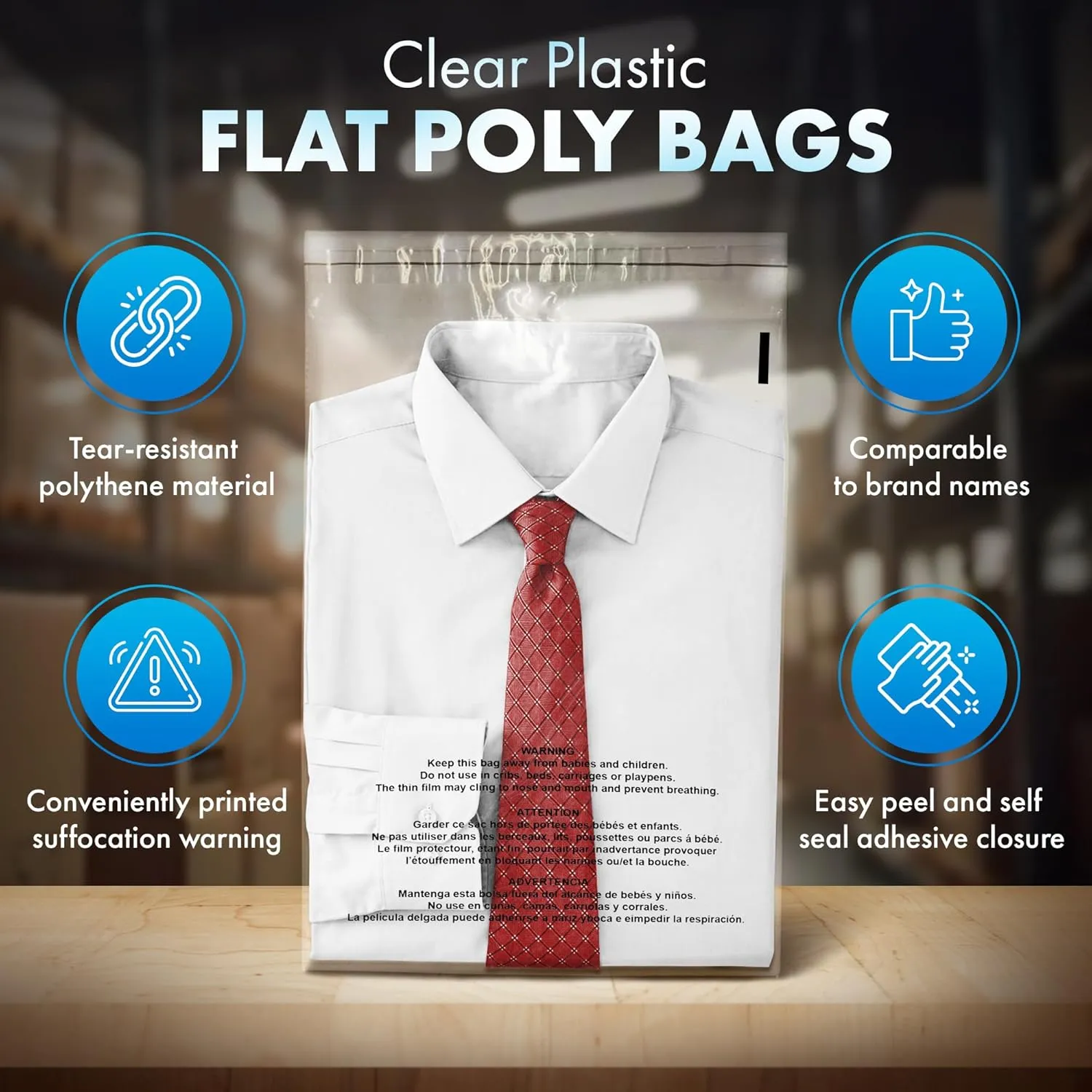 Shop4Mailers 10 x 13 Clear Plastic Flat Poly Bags with Suffocation Warning Self Seal Adhesive 1.5 Mil for Business FBA Packaging, Jewelry, Clothes, Prints, Storage – Resealable 1.5 Mil (2000 Pack)