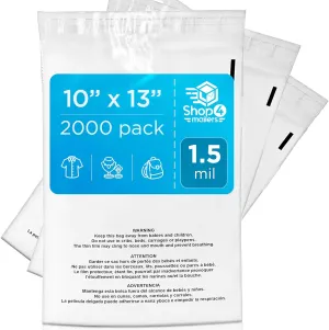 Shop4Mailers 10 x 13 Clear Plastic Flat Poly Bags with Suffocation Warning Self Seal Adhesive 1.5 Mil for Business FBA Packaging, Jewelry, Clothes, Prints, Storage – Resealable 1.5 Mil (2000 Pack)