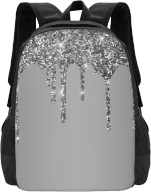 Silver Sparkle Glitter Drips Minimalist Large Backpack – 15”Laptop Backpack, Lightweight Travel & Work Bag With Ergonomic Straps